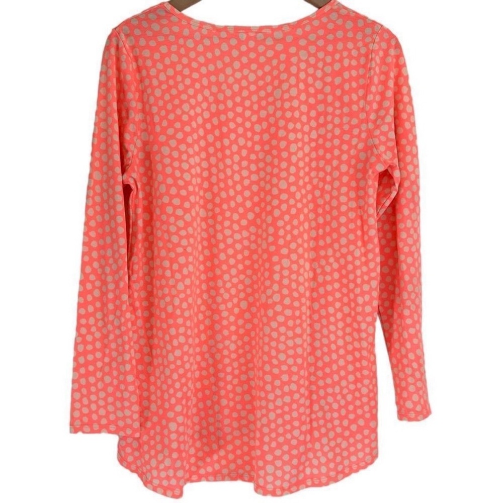 LuLaRoe Lynnae Neon Orange Cream Polka Dot Scoop Neck High Low Long Sleeve Top - Picture 4 of 12